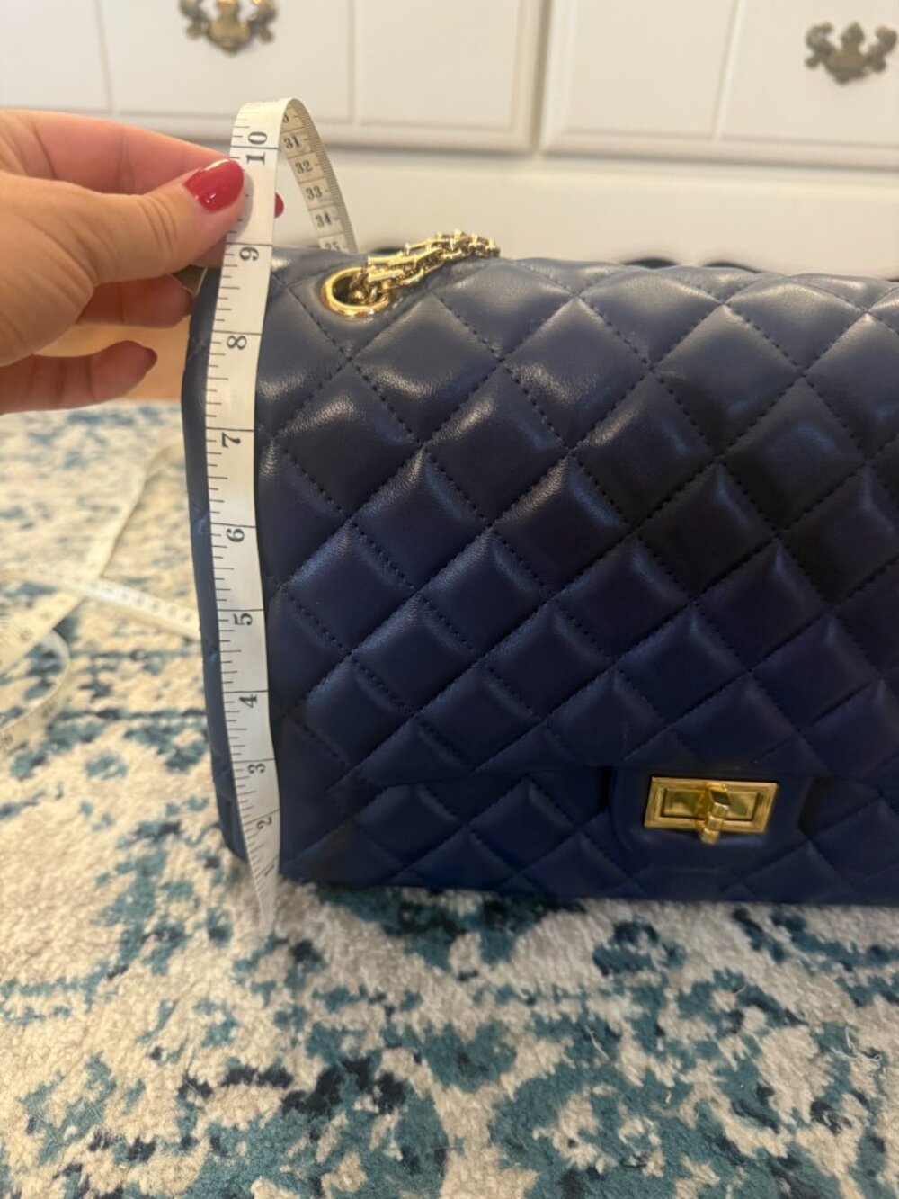 Ainifeel Navy Quilted Leather Bag with Gold Chain - Picture 3 of 16